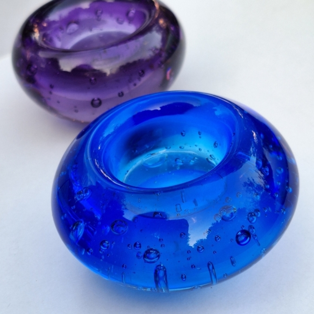 Bubble Art Glass Candle Holders Blue Glass Purple Round Paper Weight Tea Lights